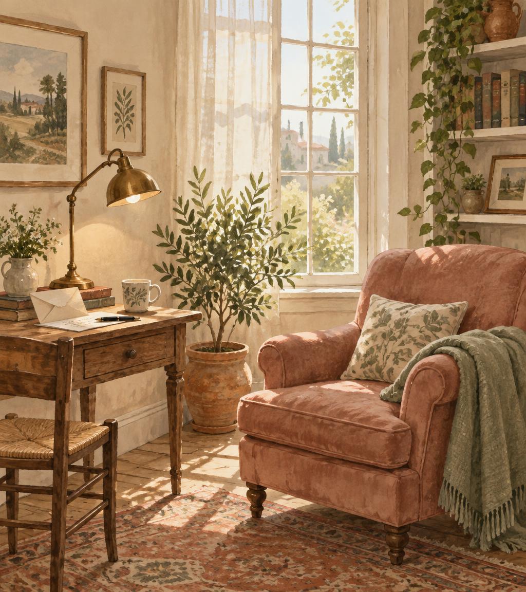 A quiet sunlit reading room with an armchair, a writing table and a plant by the window